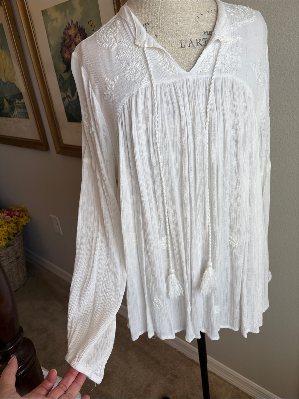 Rachel Zoe White Embroidered Tassel V-Neck Tunic